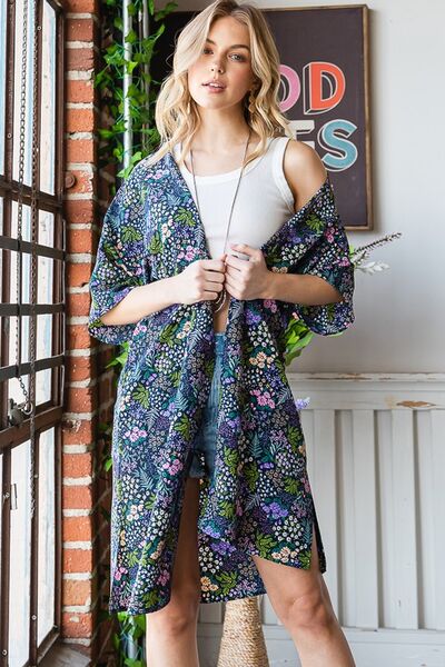 Full Size Half Sleeve Floral Open Cardigan Plus Size