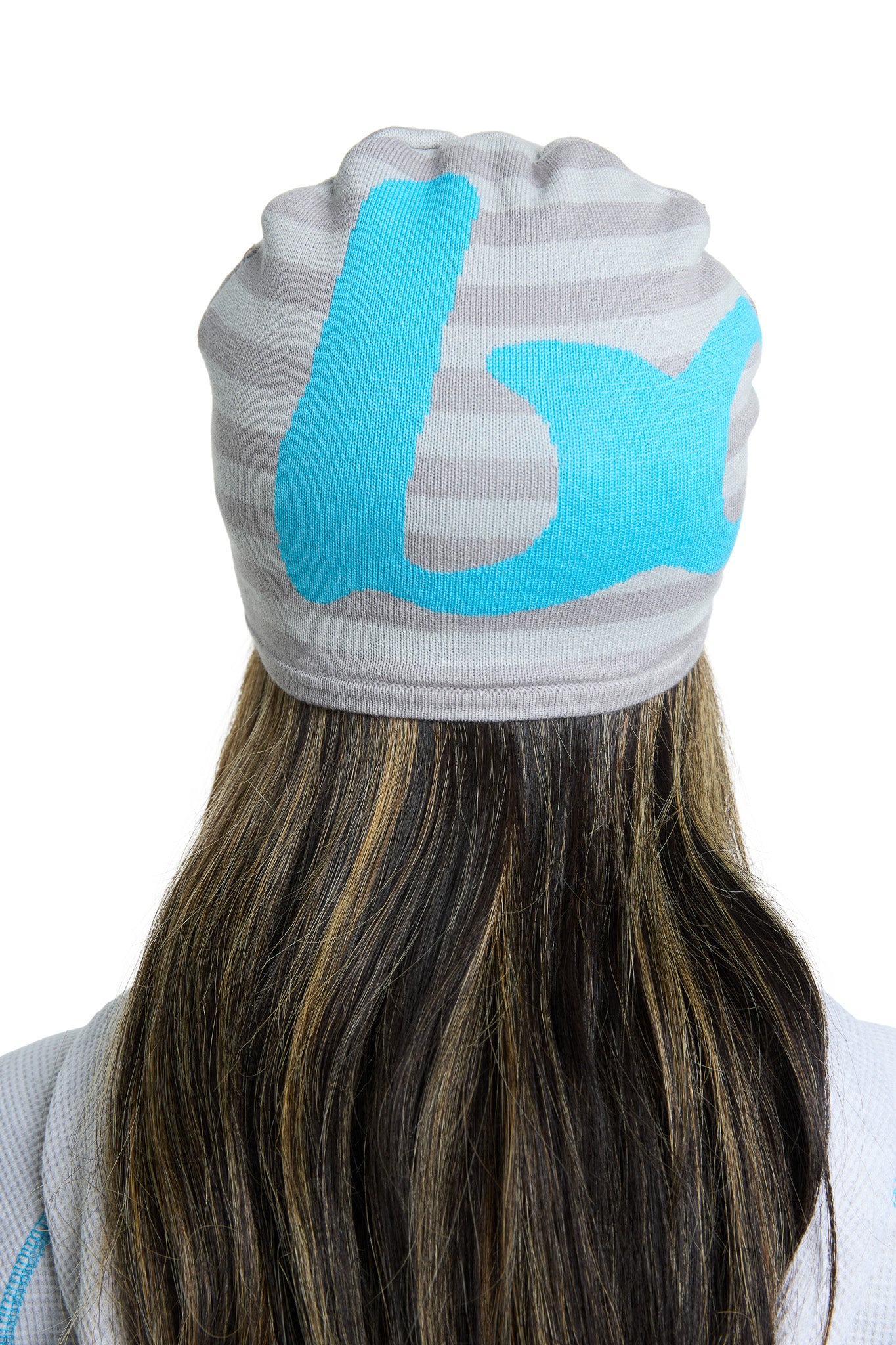 STRIPED KNIT BEANIE (HEATHER GREY/TURQUOISE)