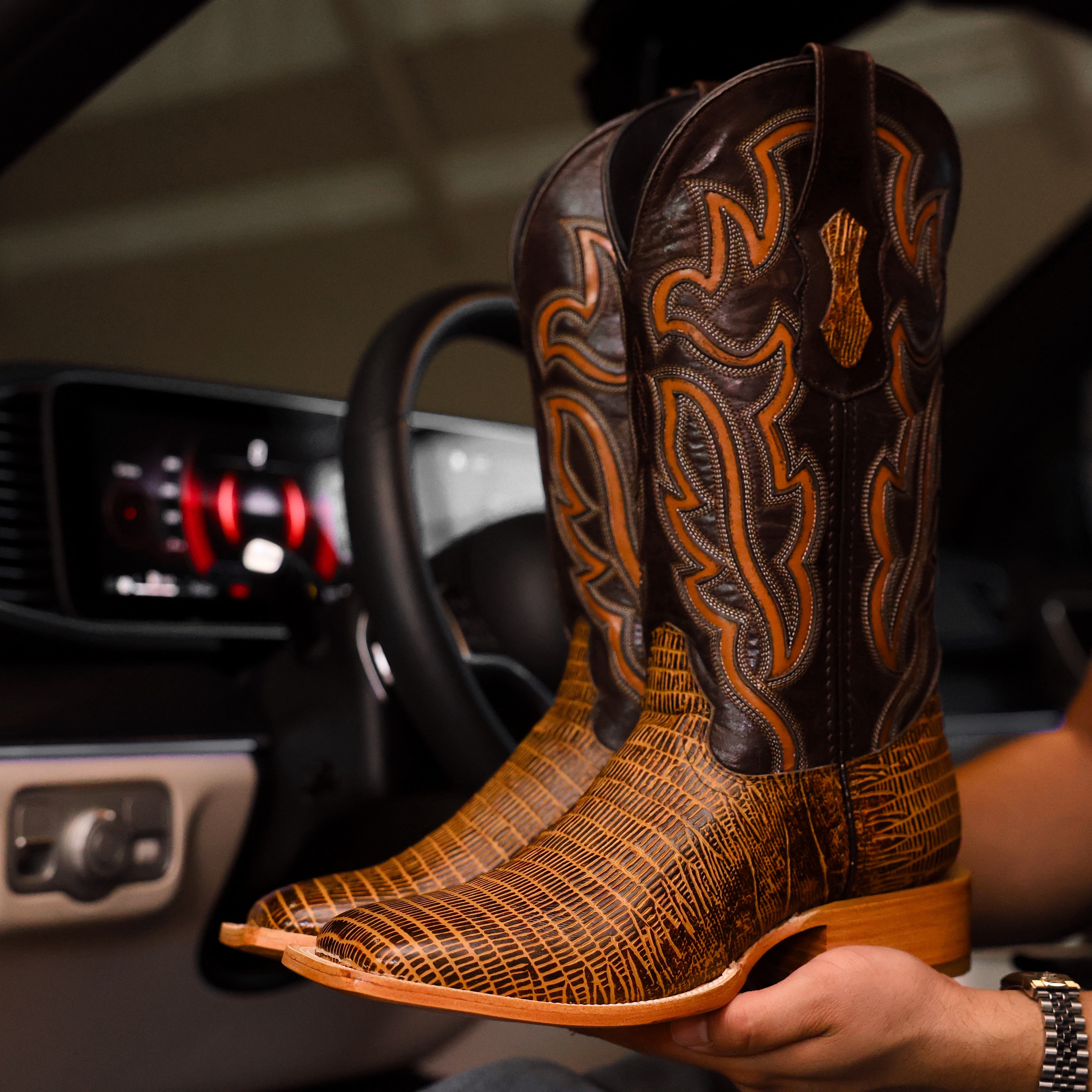 Honey Lizard Leather Boots - Square Toe