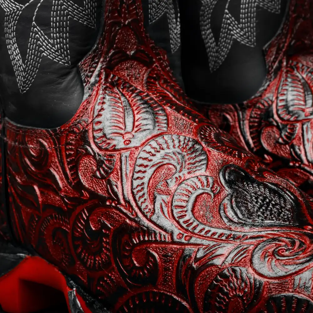 Black Cherry Hand-Tooled Leather Boots With 3D Lightweight Sole - Composite Toe