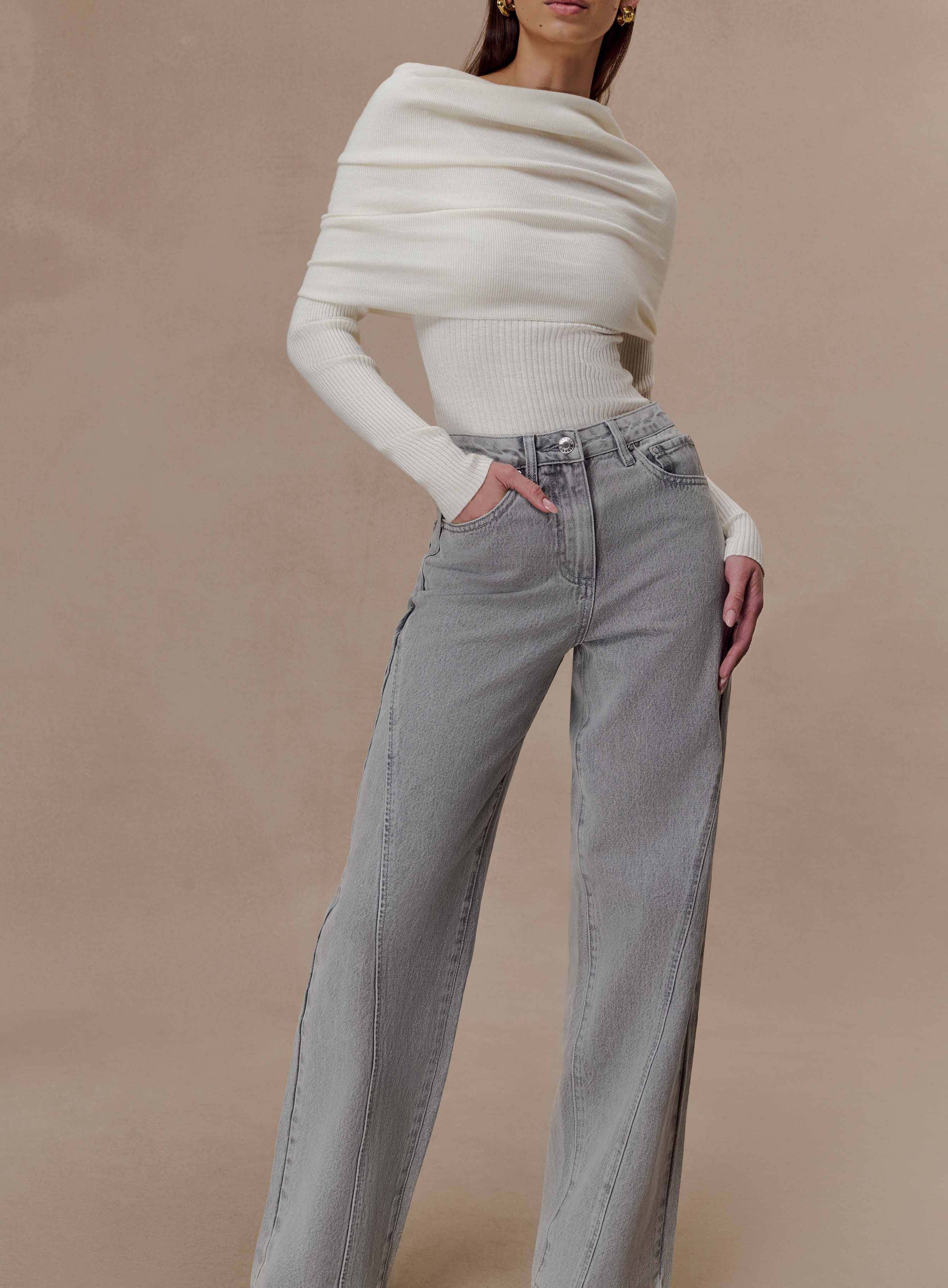 Ivory Asymetrical Cashmere Blend Long Sleeve Knit Top