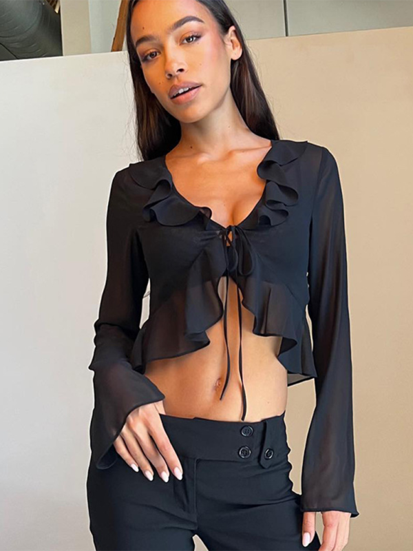 New Style Ruffled Lace-Up Deep V-Neck Long-Sleeved Transparent Top