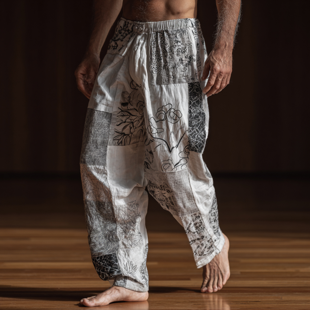 Japanese Style Patchwork Plant Print Casual Black And White Cotton Linen Casual Trousers