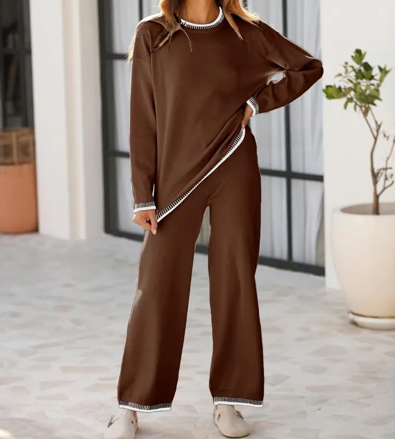 Chic Crew Neck Sweater & High Waist Loose Pants Casual Outfit