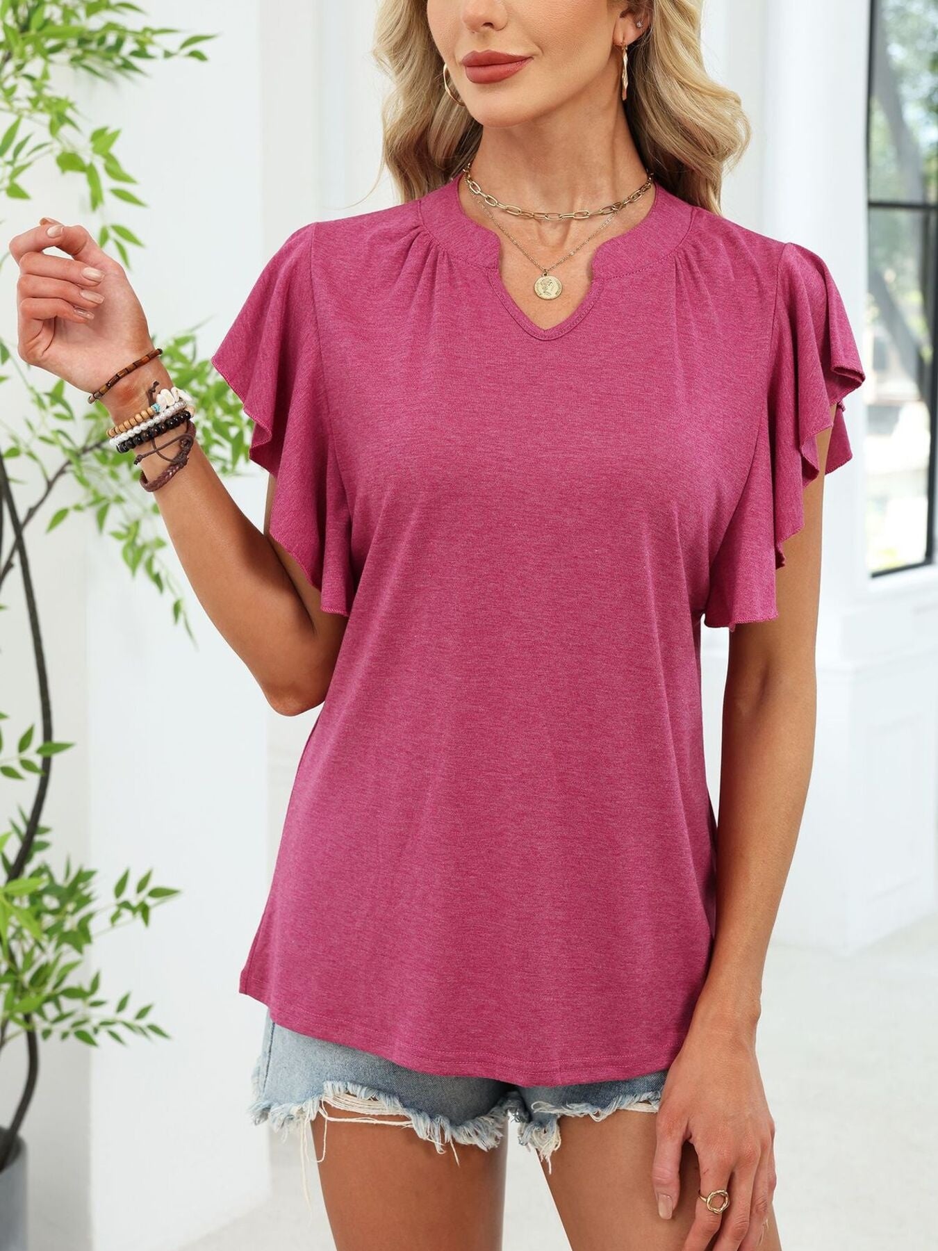 Ruffle Sleeve Notched T-Shirt