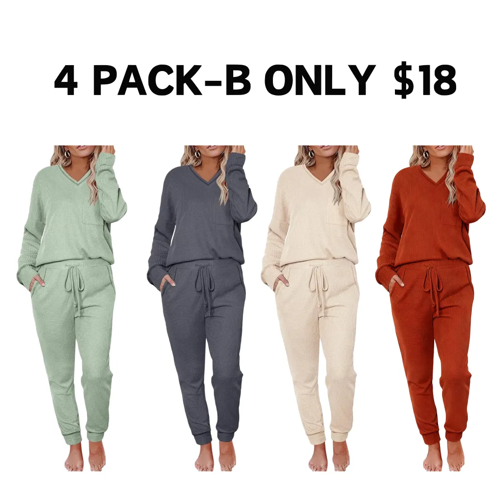 V-neck waffle knit top and pants casual set