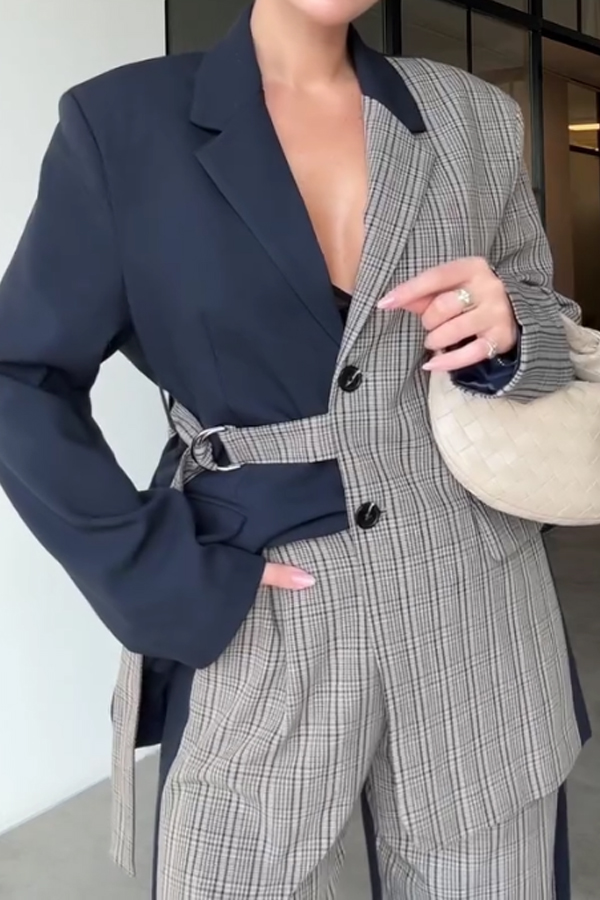 Women Elegant Office Irregular Contrast Plaid Blazer + Pants Suit