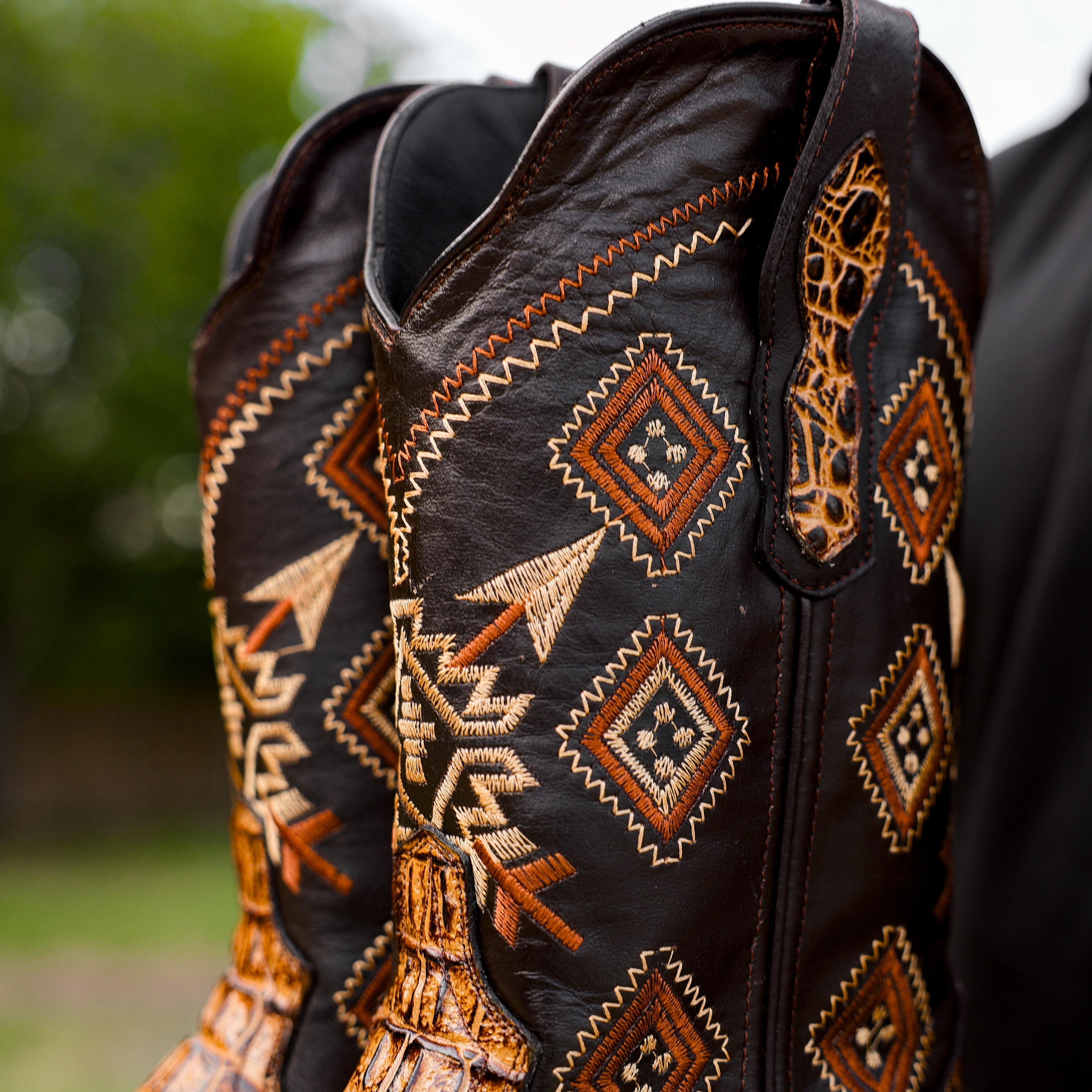 Honey Caiman Neck Leather Boots - Square Toe