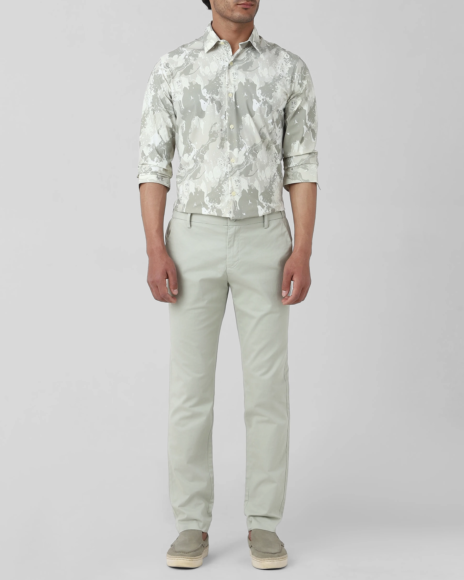 Classic Versatile Slim-Fit Straight-Leg Light Green Trousers