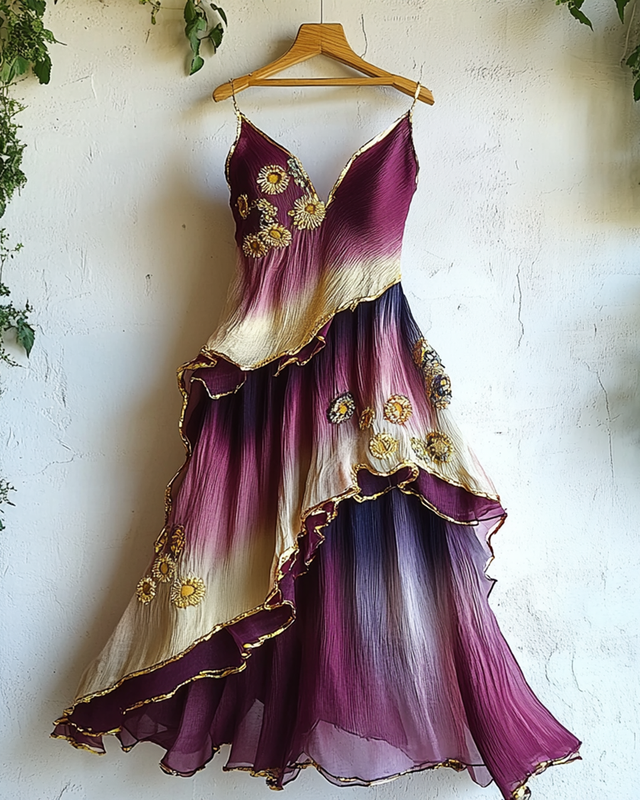 Gilded Ruffled Daisy Embroidery Gradient Irregular Dress e4ff