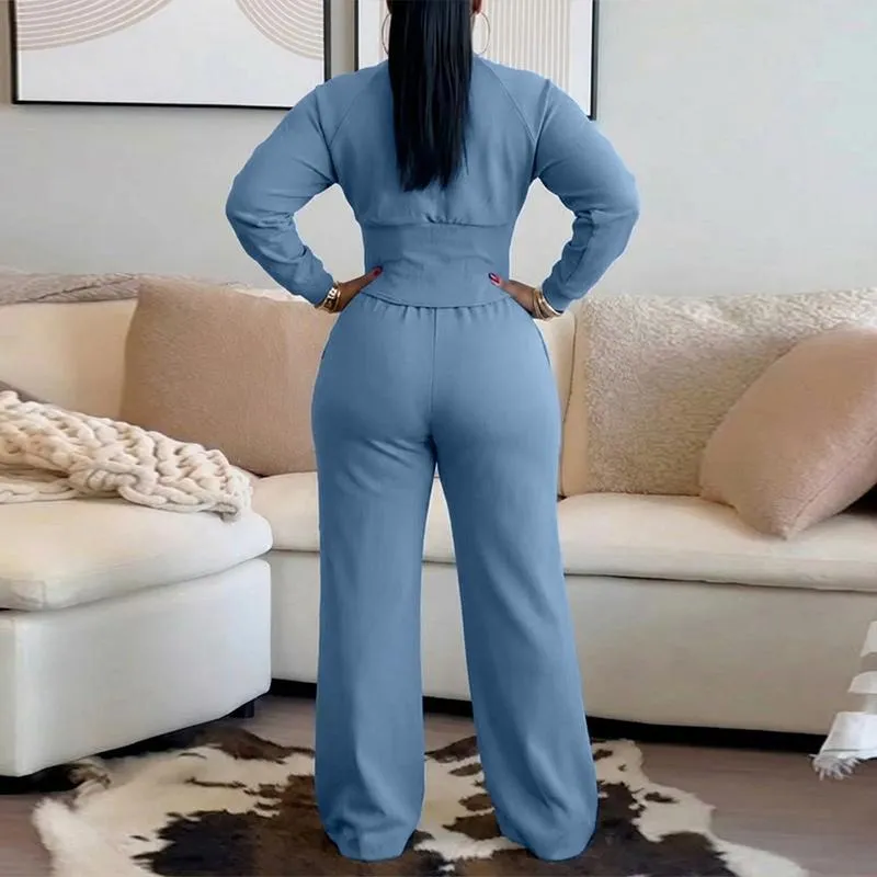 Women's 2 Pieces Outfit O-neck Long Sleeve Cinched Waist Sweatshirt and Elastic Waist Wide Leg Pants Set