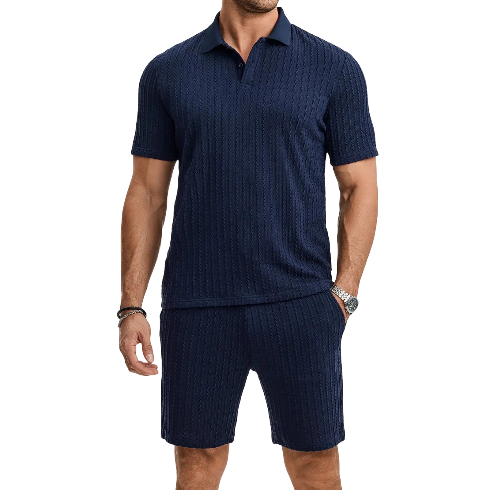 Men 2 Piece Jacquard Knit Lounge Sets Short Sleeve Polo Shirt and Shorts Sets Summer Outfits with Pockets