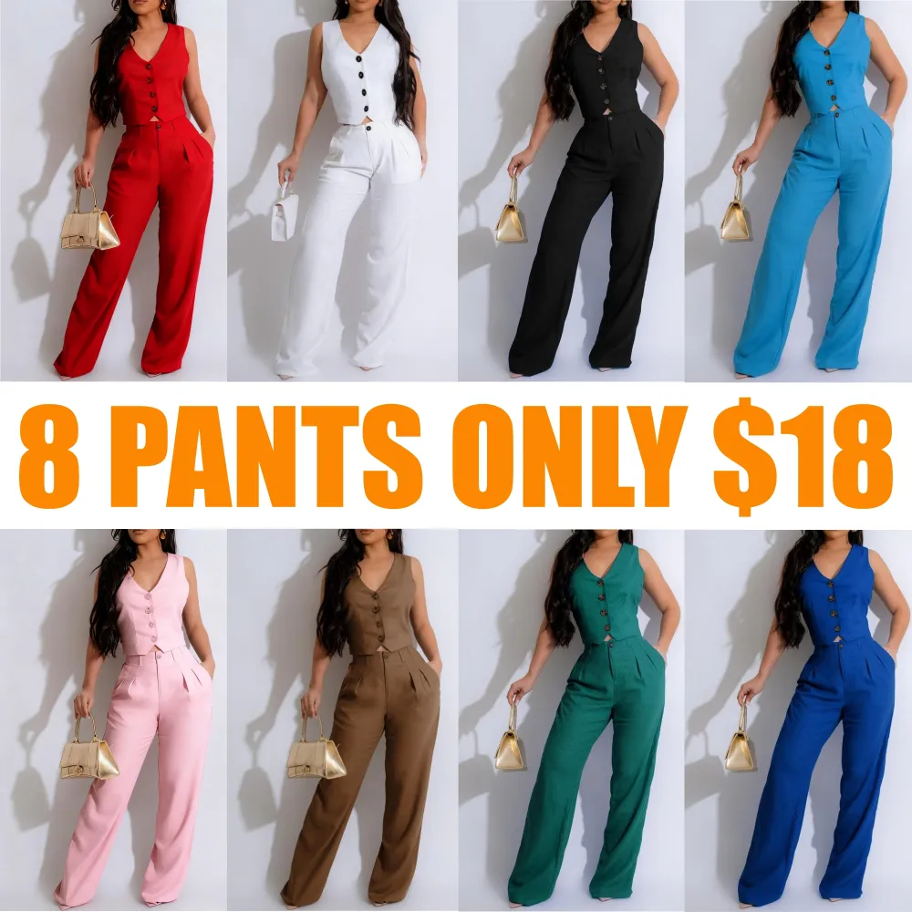 Women's Button Front V Neck Crop Tank Top & High Waist Pants Set