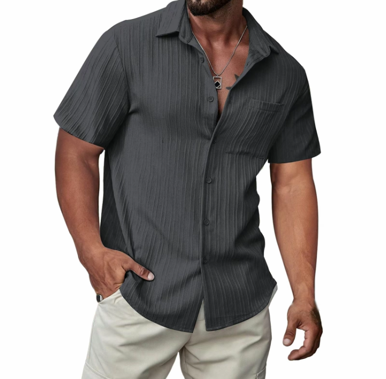 Men's Casual Short-Sleeve Hawaiian Shirt - Textured Button-Down Beach Shirt with Pocket for Summer