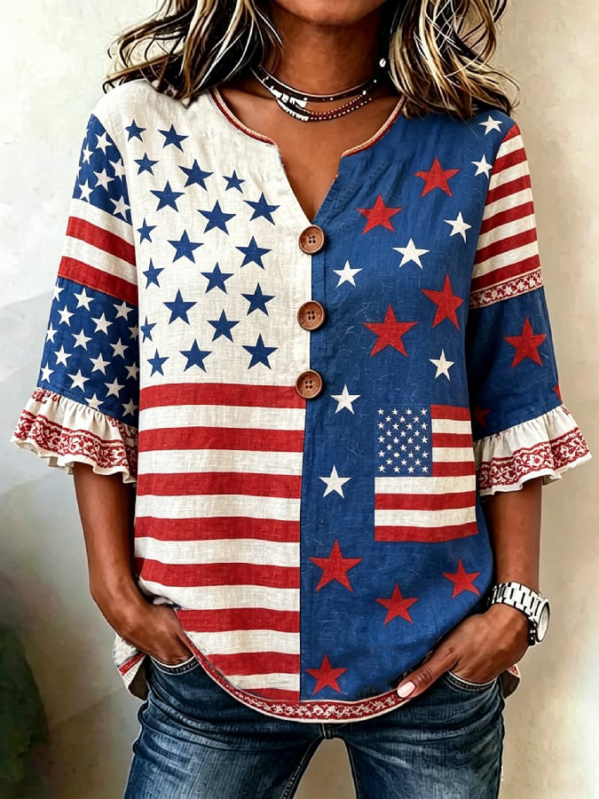 Women'S Casual American 250Th Anniversary Floral Print Wrinkle Resistant Top