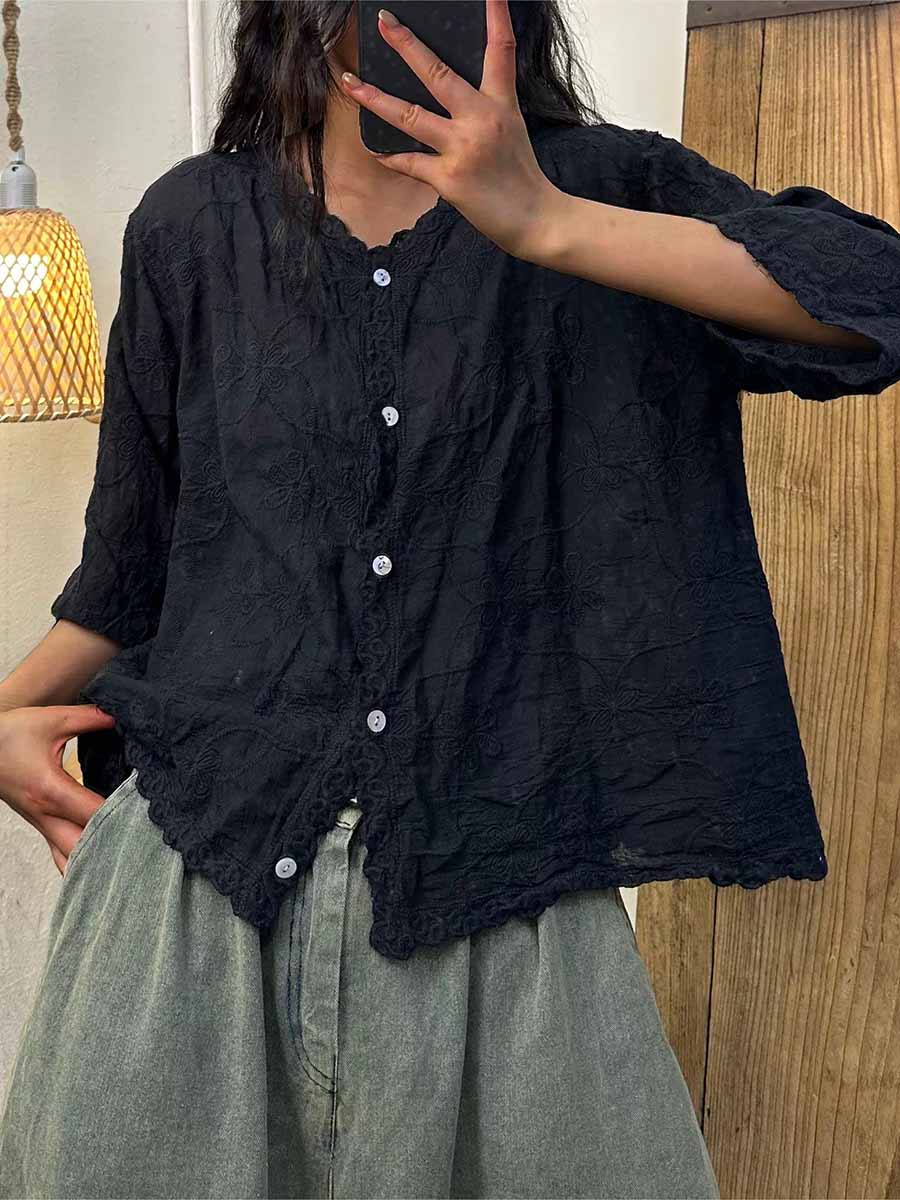 Women's V-neck Half Sleeve Embroidered Cardigan Buttoned Casual Linen Top