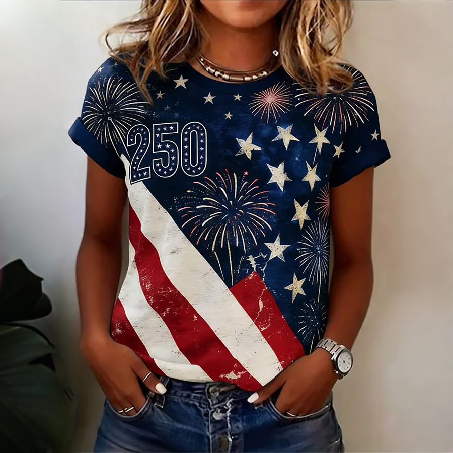Women's American Flag Round Neck Printed Casual Short Sleeve T-shirt