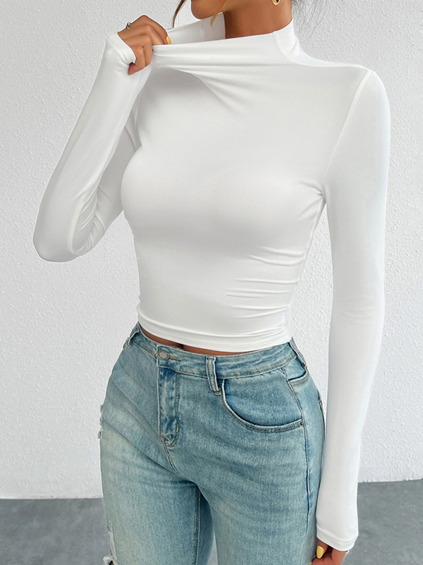 Solid Color Long Sleeves Skinny High Neck T-Shirts Tops
