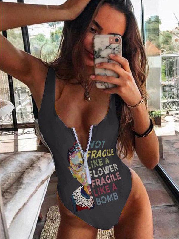 Floral Printed Zipper Backless One-Piece Swimwear