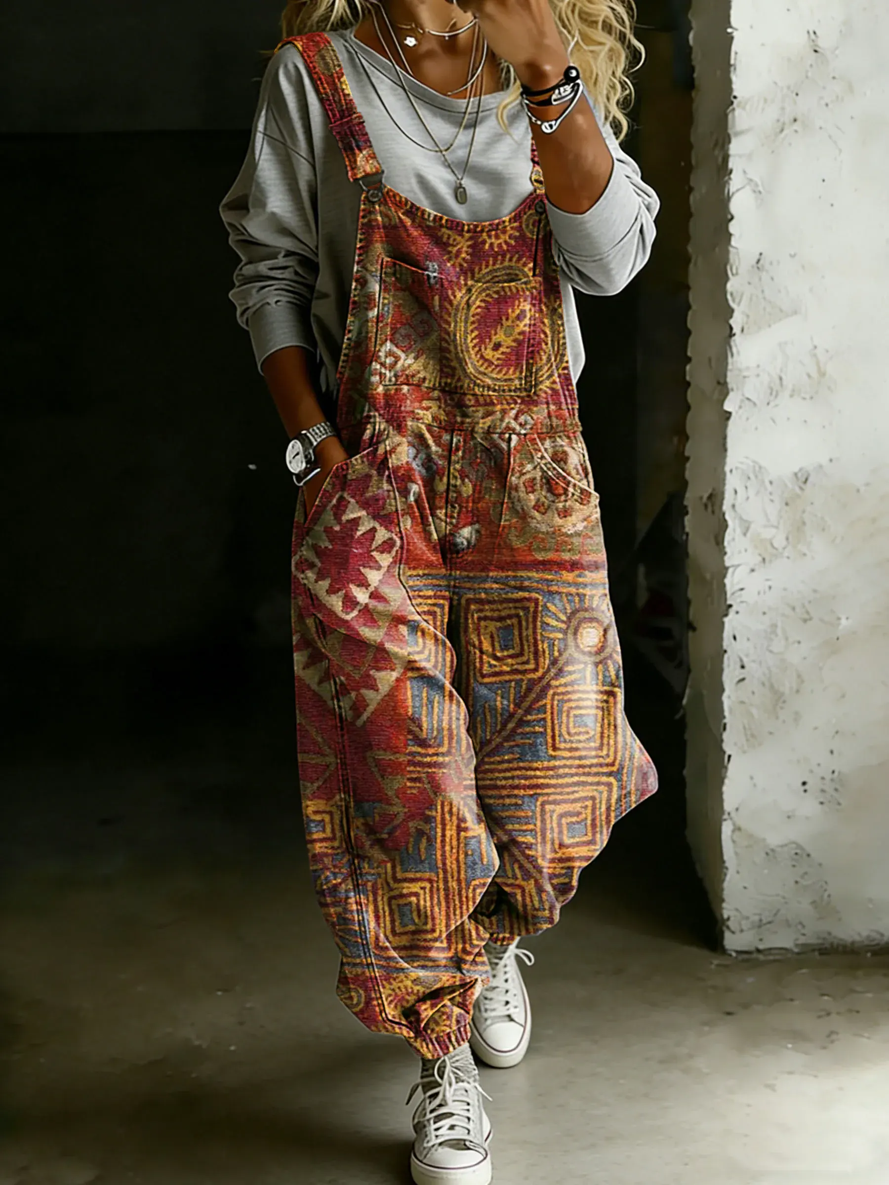 Women’s Vintage Abstract Ethnic Art Print Casual One Piece Denim Jumpsuit