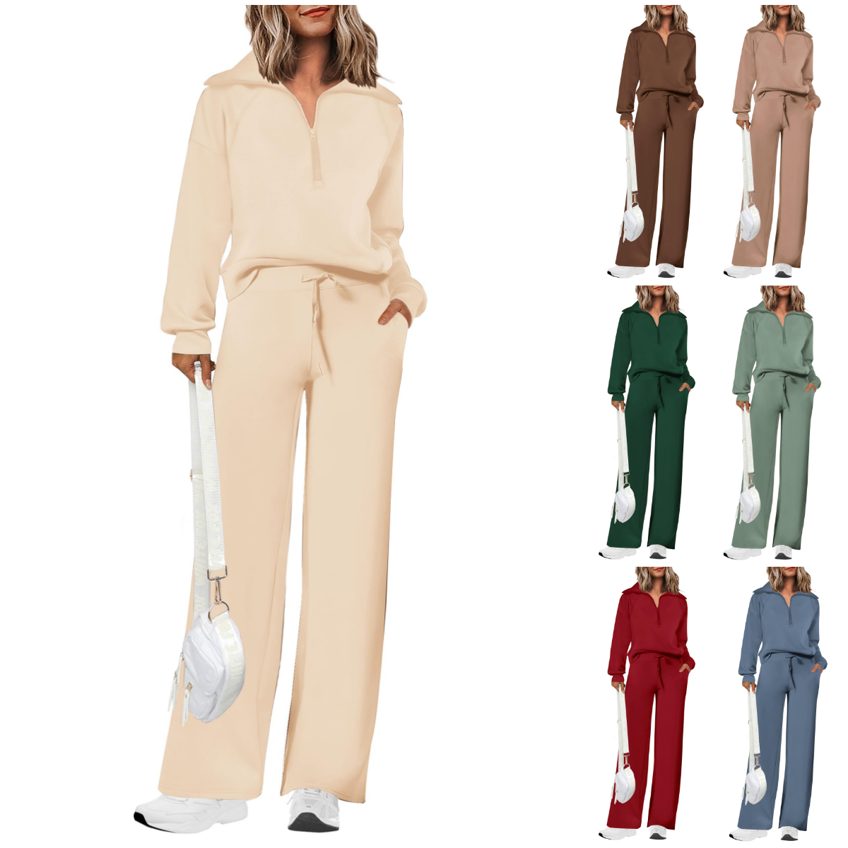 Women's Cotton Two-Piece Outfits Lapel Half-Zip Sweatshirt Wide Leg Sweatpants Casual Suit