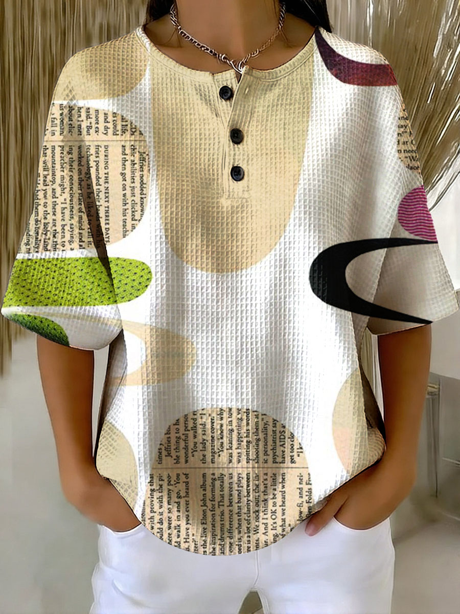 Women's Geometry Art Print Casual Waffle Cotton Shirt