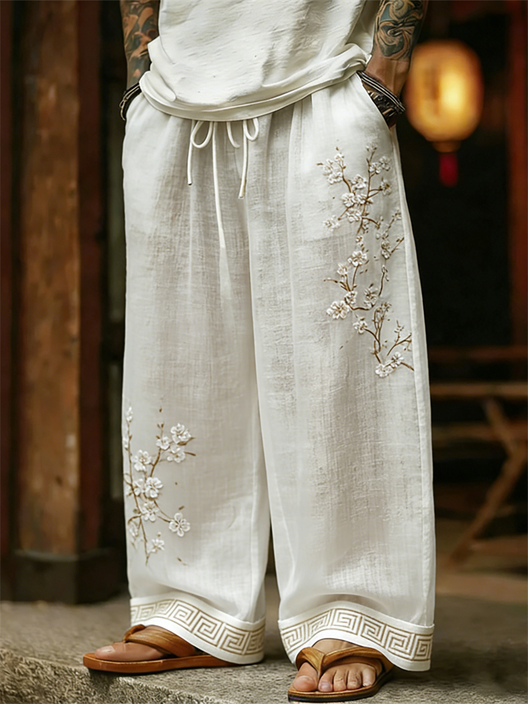 Men's Classy White Almond Blossom Linen Pants