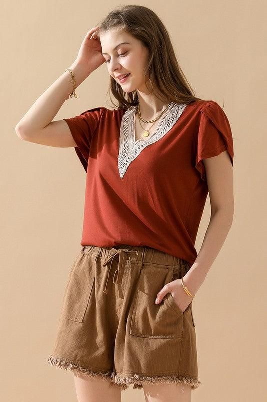 Gold Lace V Neck Ruffle Short Sleeve Top