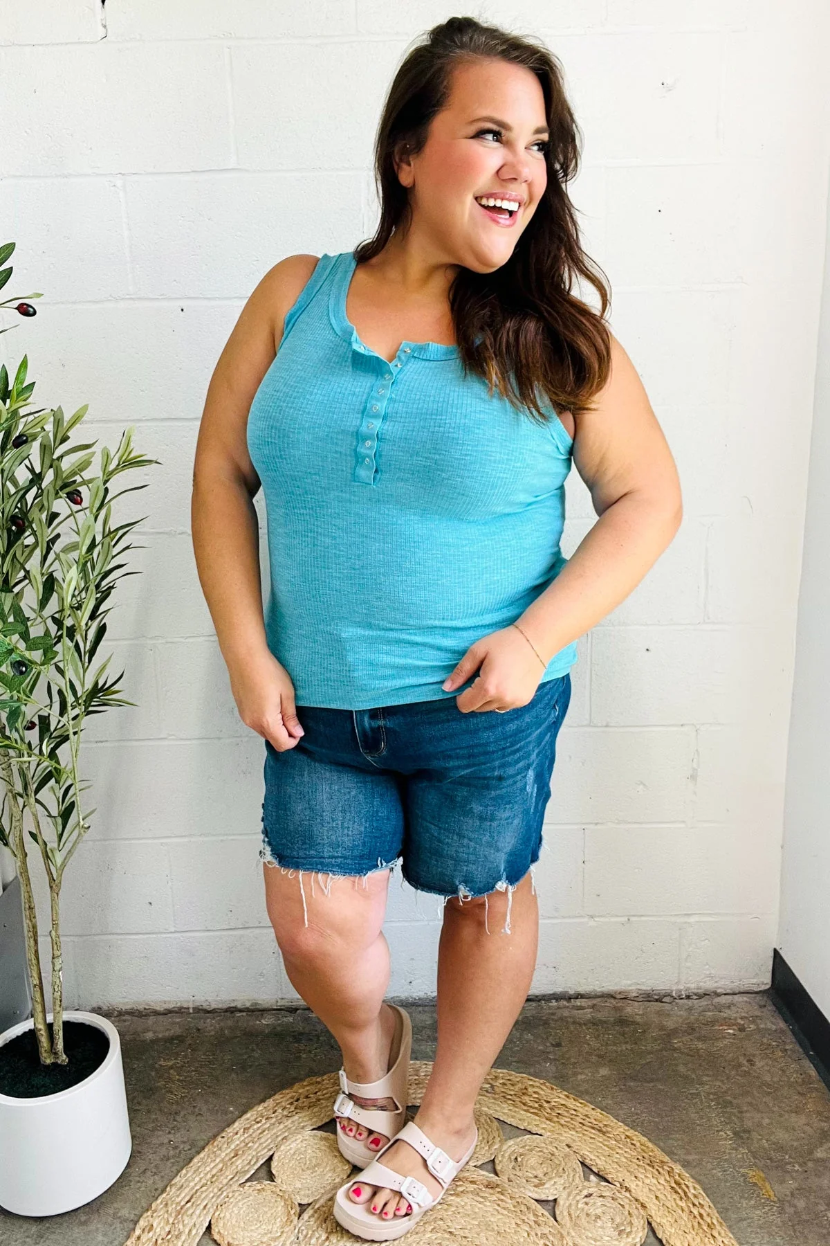 Summer Days Melange Ribbed Henley Button Down Tank in  Ice Blue