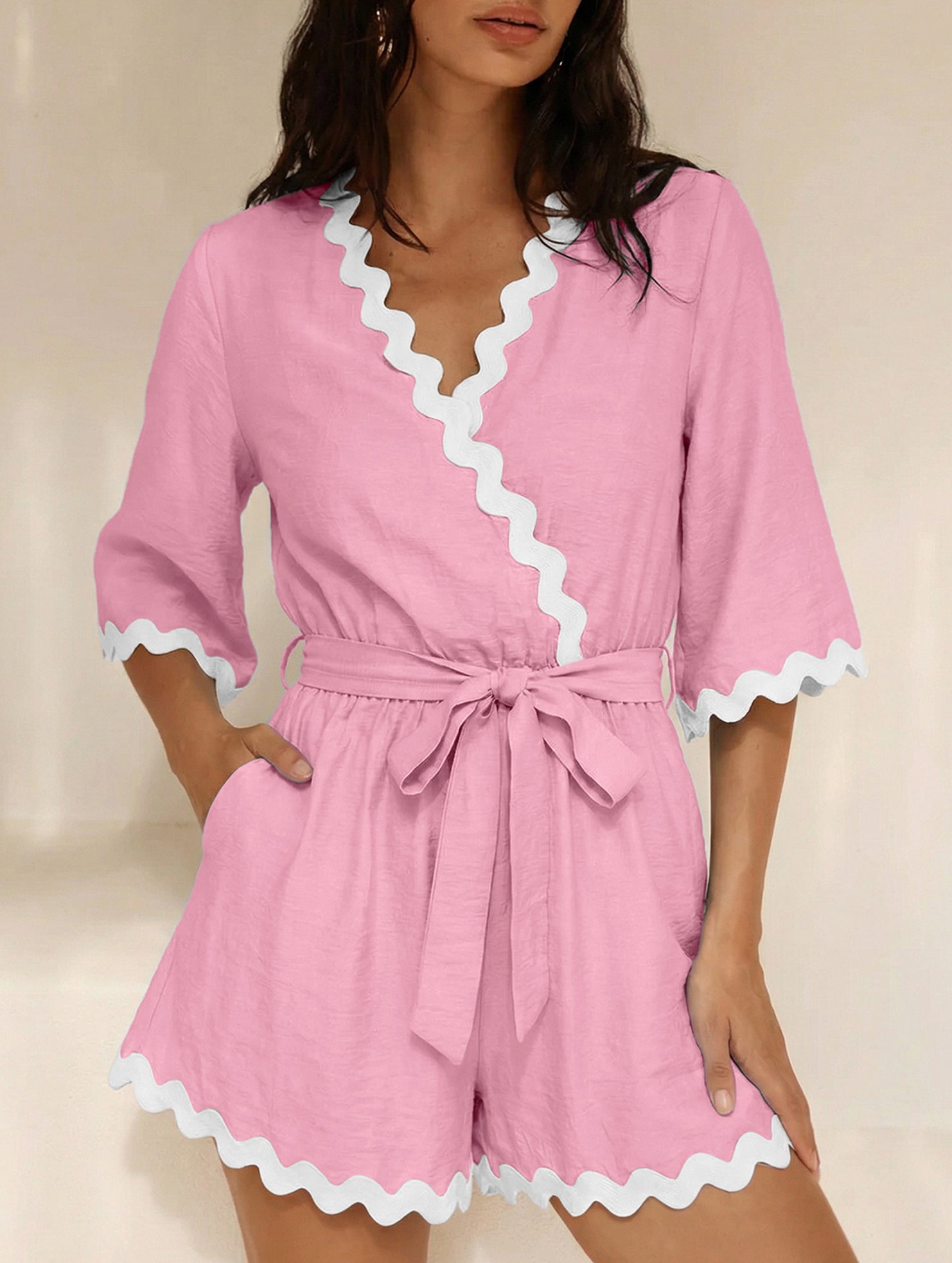 V Neck Lace Trim Romper