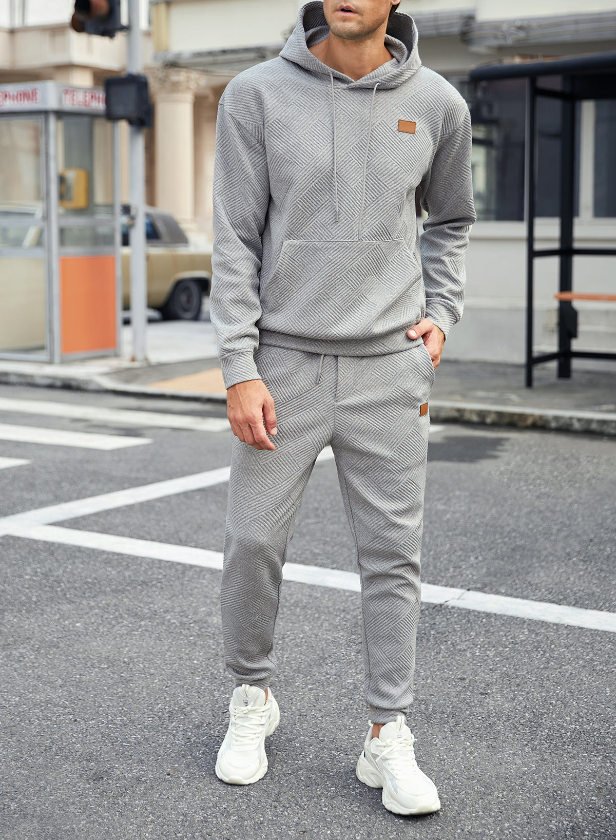 Mens 2 Piece Jacquard Sweatsuit Outfits Hoodie Sweatshirt & Joggers Sweatpants Set Tracksuit