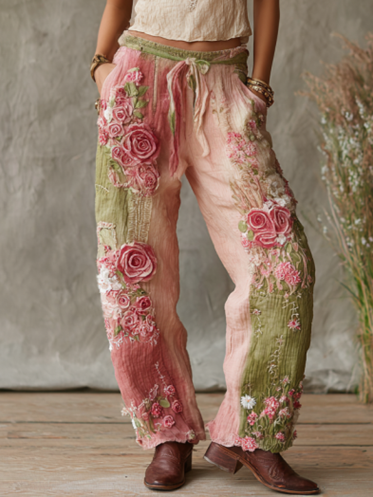 Love & Health Collection Retro Western Women Style Vintage Rose And Floral Patchwork Art Linen Pants