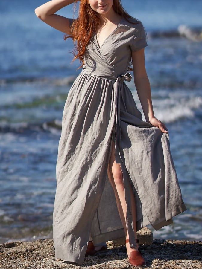 Women's Solid Color V-Neck Lace-Up Short Sleeve Linen Maxi Dress  edfd