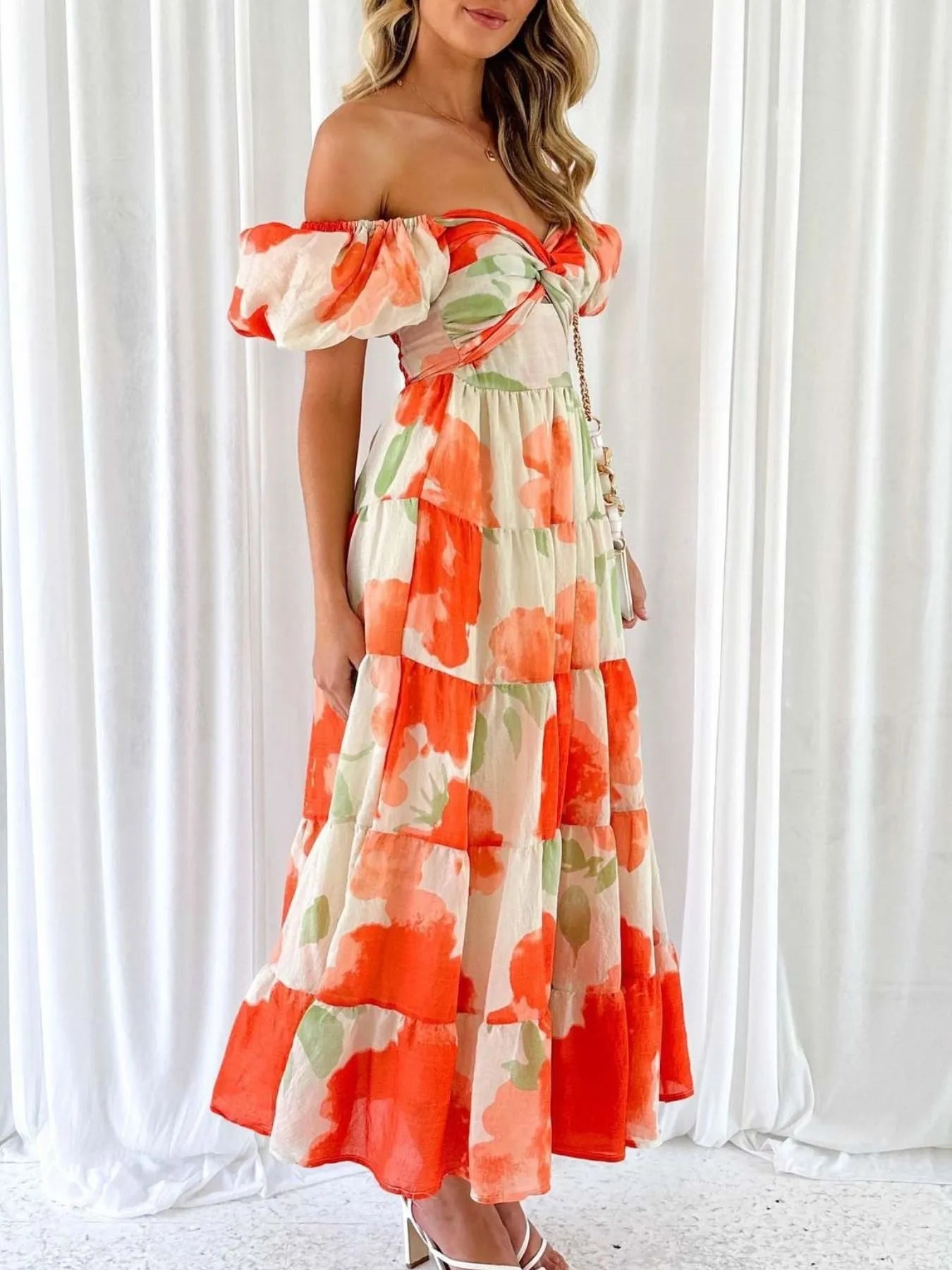 Off-Shoulder Floral Tiered Dress with Ruffle Details