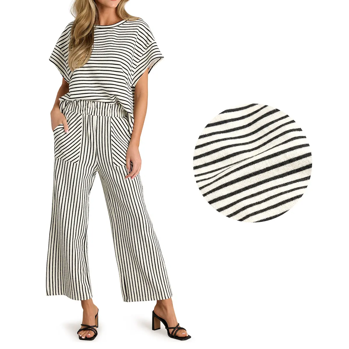 Womens Striped 2 Piece Sets Short Sleeve T Shirts Wide Leg Pants Matching Lounge Set with Pockets