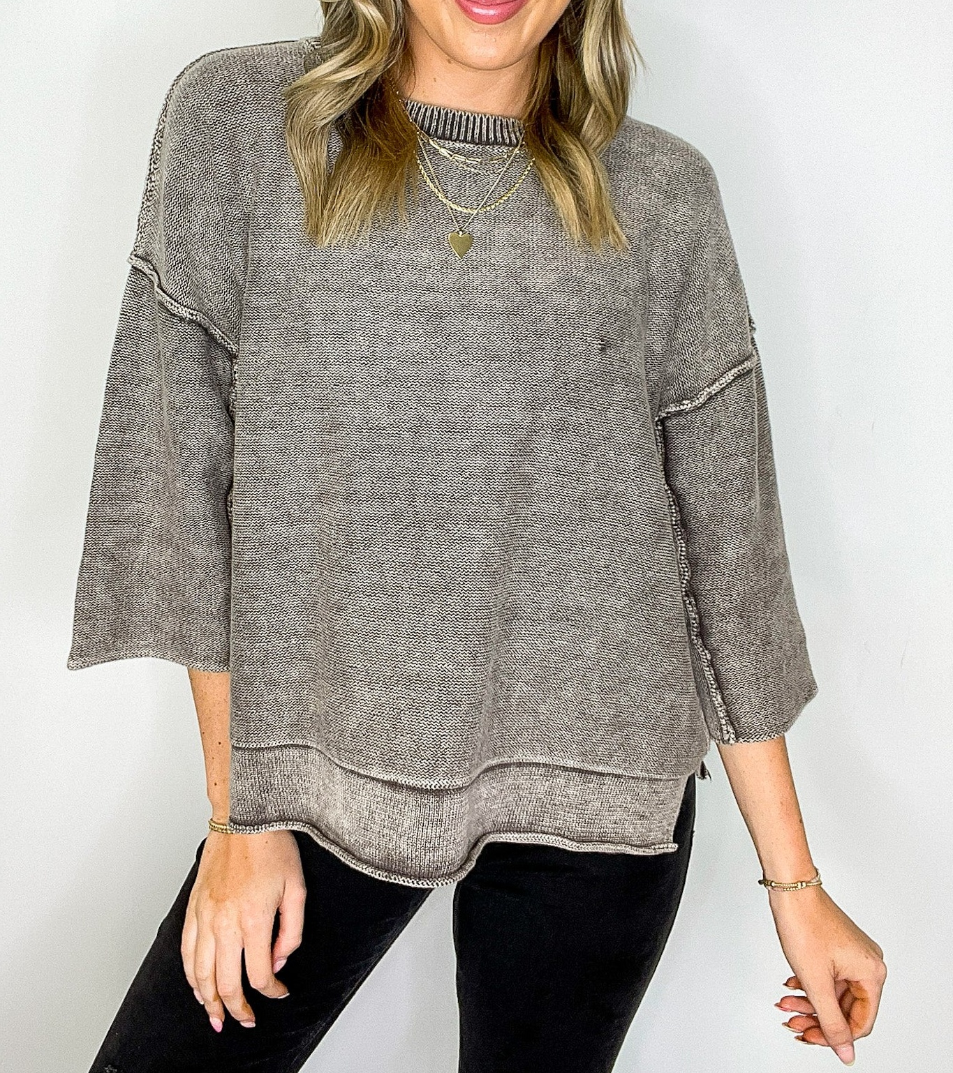 Cozy Fade Washed 3/4 Sleeve Relaxed Sweater