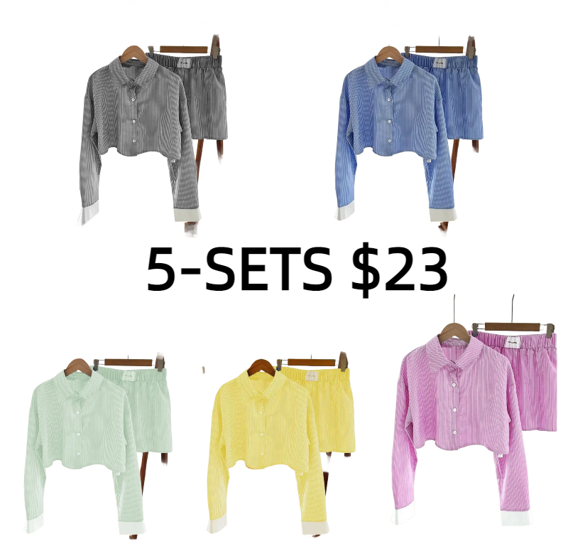 Women's Striped Print Button Front Shirt & Shorts Two-Piece Set