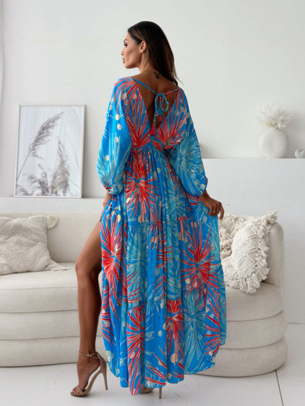 Sexy Deep V Multi-Color Printed Slit Dress With Three-Quarter Sleeves