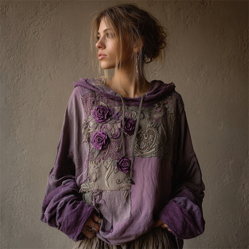 Vintage Purple Roses Fiber Art Patchwork Hoodie