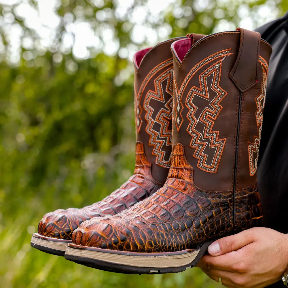 Honey Cognac Caiman Neck Leather Boots With 3D Lightweight Sole - Composite Toe