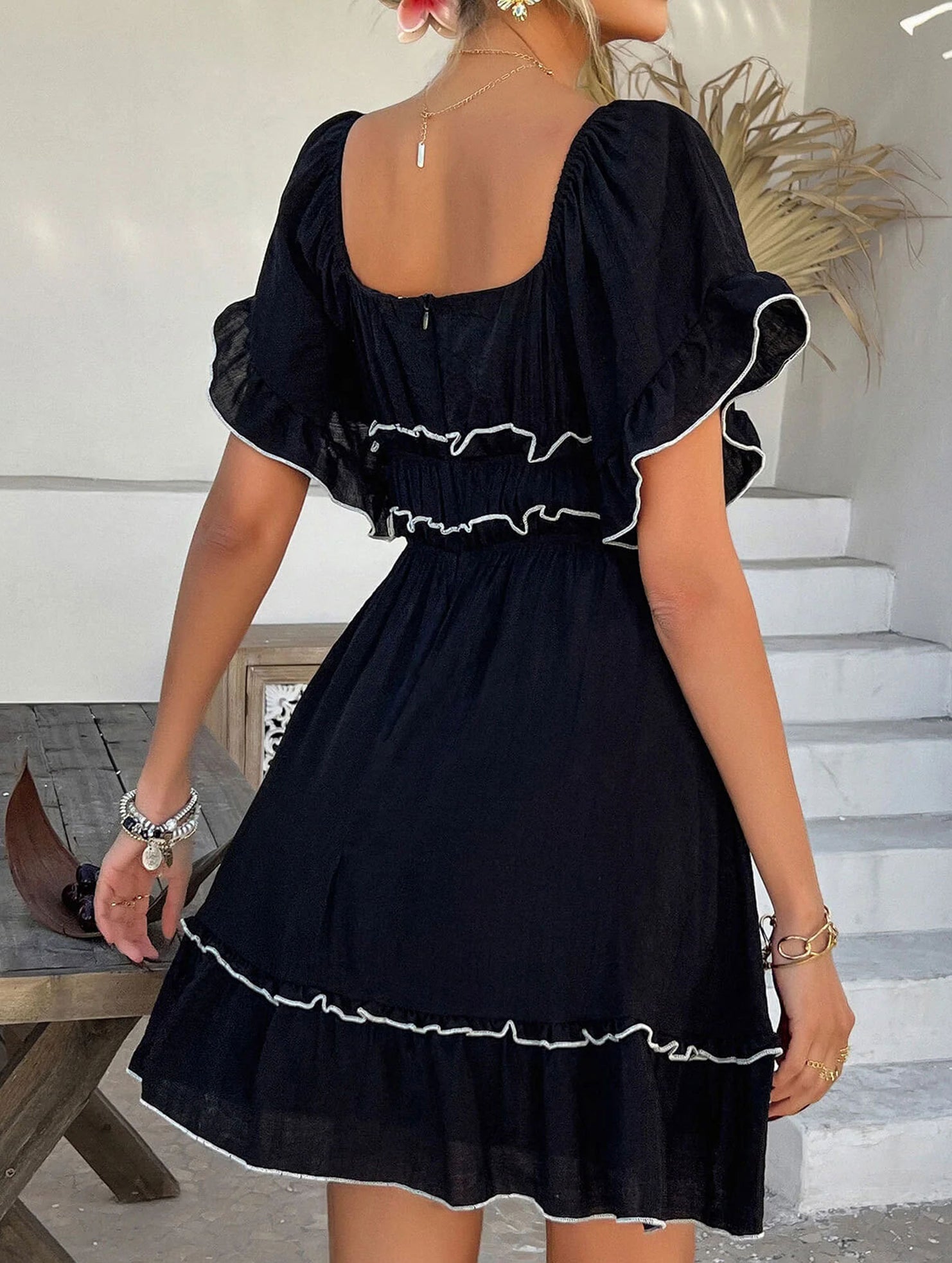 French Square Neck Ruffle A Line Dress