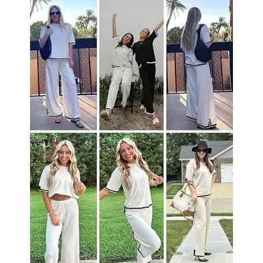 Women’s 2-Piece Knit Lounge Set – Short Sleeve Top & Wide-Leg Pants