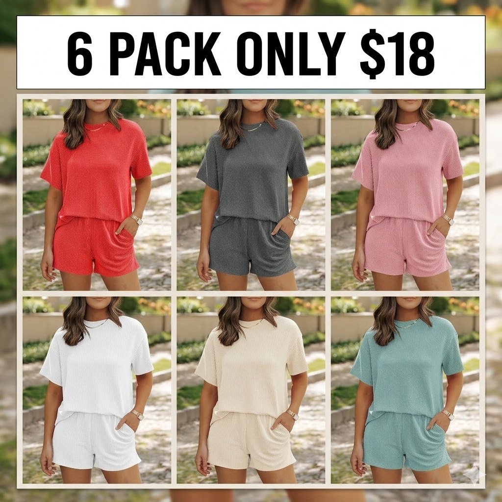 Women's Summer Short Sleeve Twisted Thread Shirt & Shorts with Pockets Casual Pajamas Ribbed Textured Outfit Matching Lounge Set