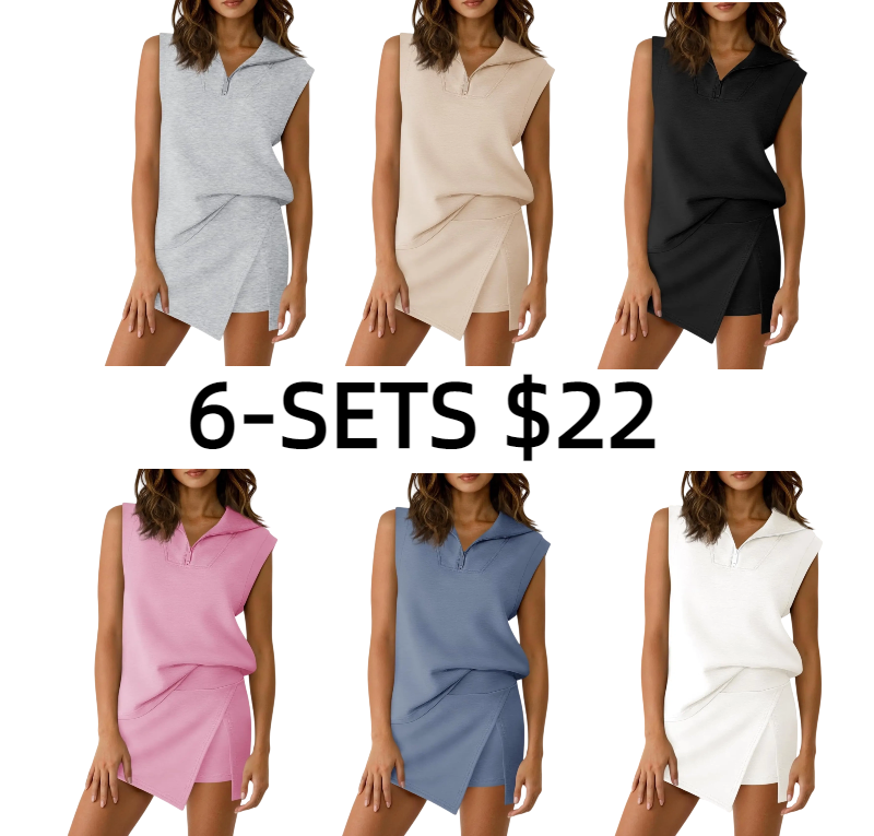 Womens 2 Piece Skirt Sets Summer Sleeveless Half Zip Sweatshirt Athletic Skorts Tennis Outfits Casual Sweatsuits