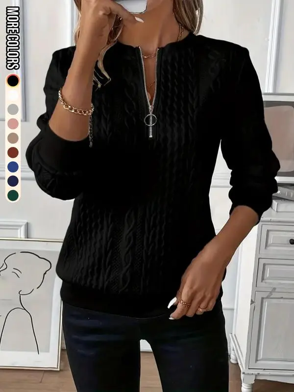 Women'S Plain Textured Half Zip Up Sweatshirt