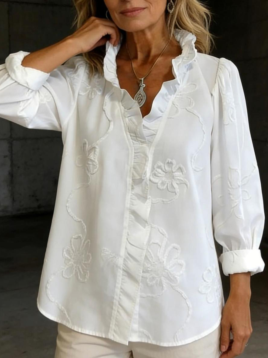 Elegant Ruffled Collar Embroidered Floral Shirt