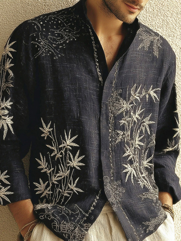 Men's Japanese-style Bamboo And Geometric Pattern Art Casual Shirt