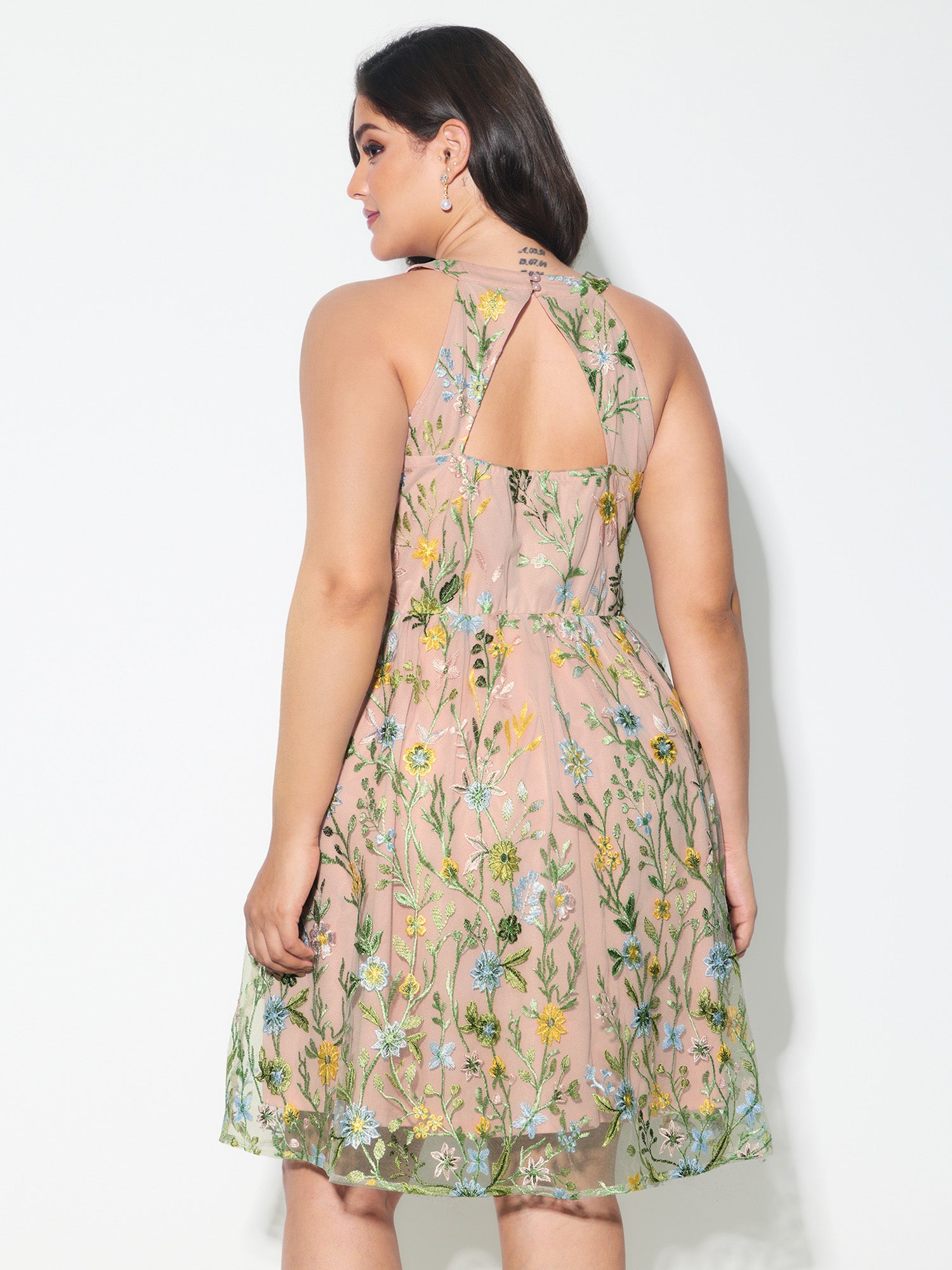 Floral Embroidered Mesh Fit And Flare Mini Dress