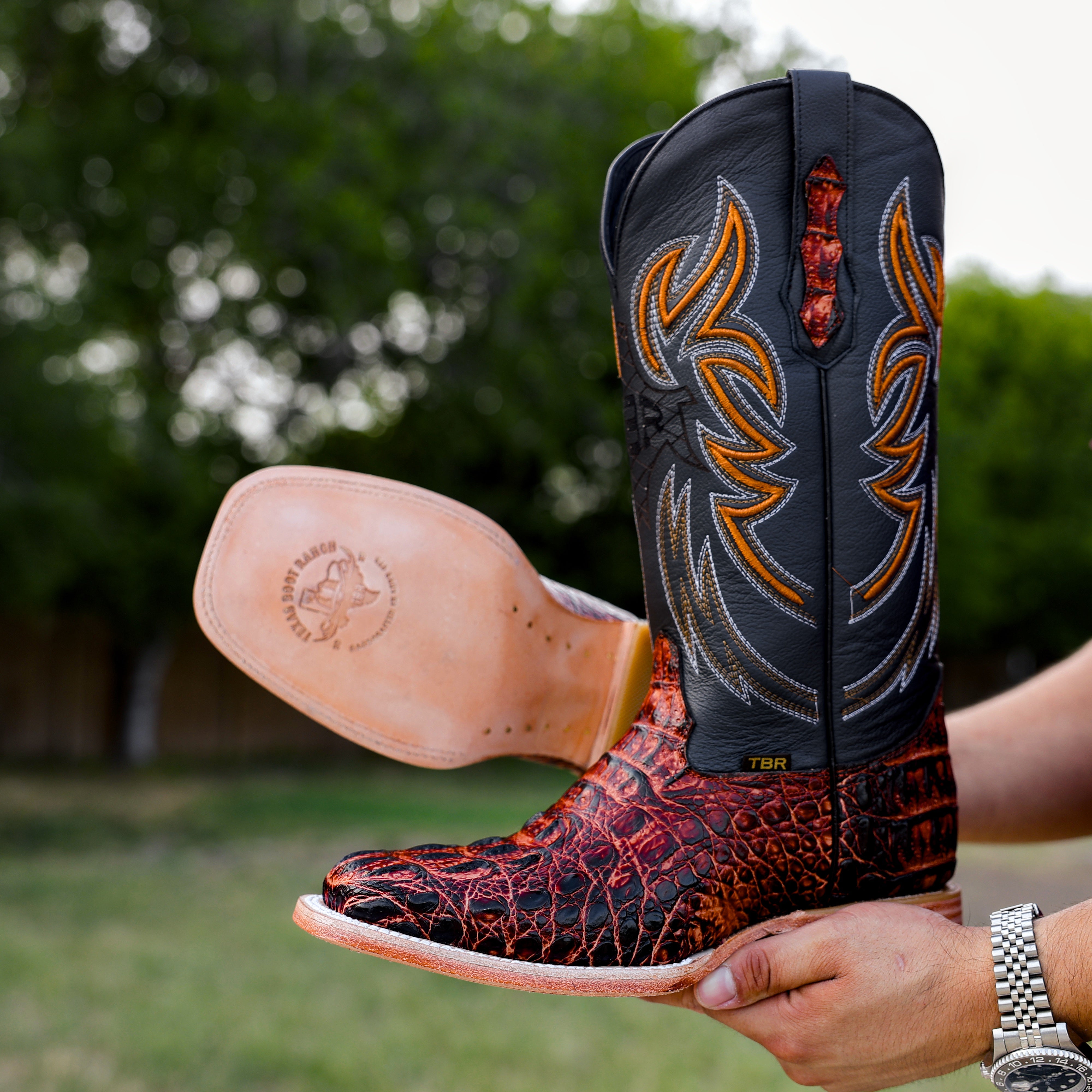 Cognac Caiman Neck Leather Boots - Square Toe