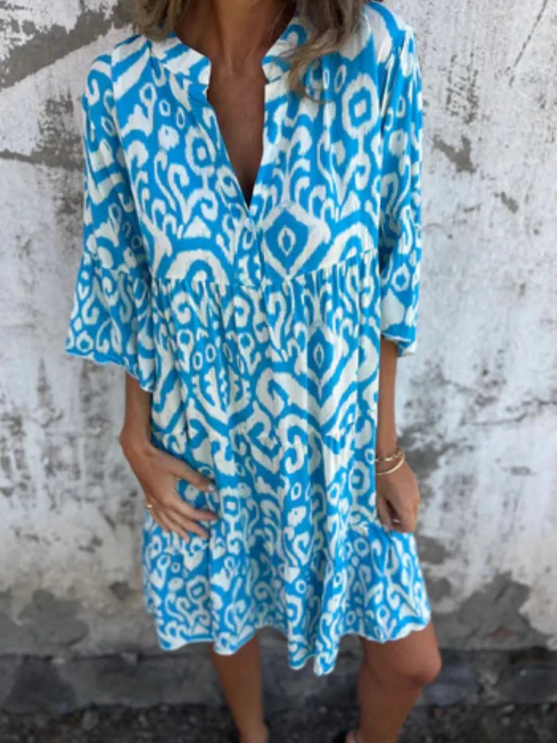 Plus Size Ethnic Print Notched Half Sleeve Midi Dress